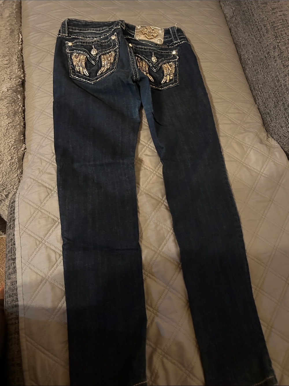 Miss Me Dark Blue Skinny Jeans with Gold Wing Embroidery